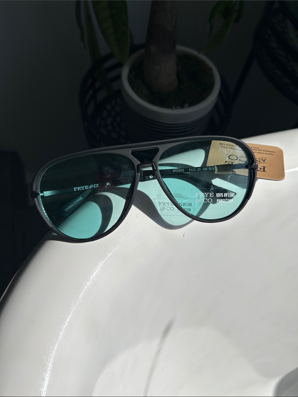 Frye Black Aviator Sunglasses with Teal Lenses
